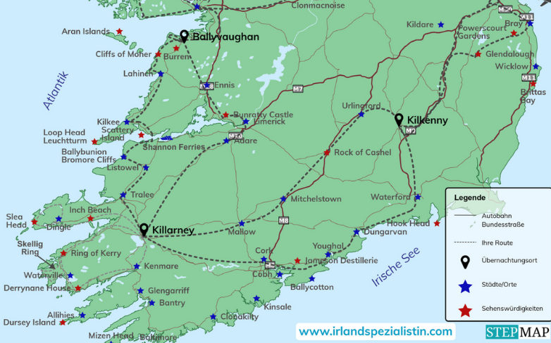 Beispiel Routenverlauf einer Irlandreise